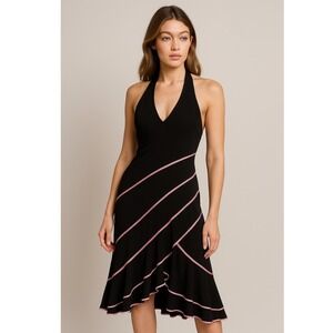 Vintage Charlotte Russe Black Halter Dress Women Pink Trim Ruffle Midi Party Y2K